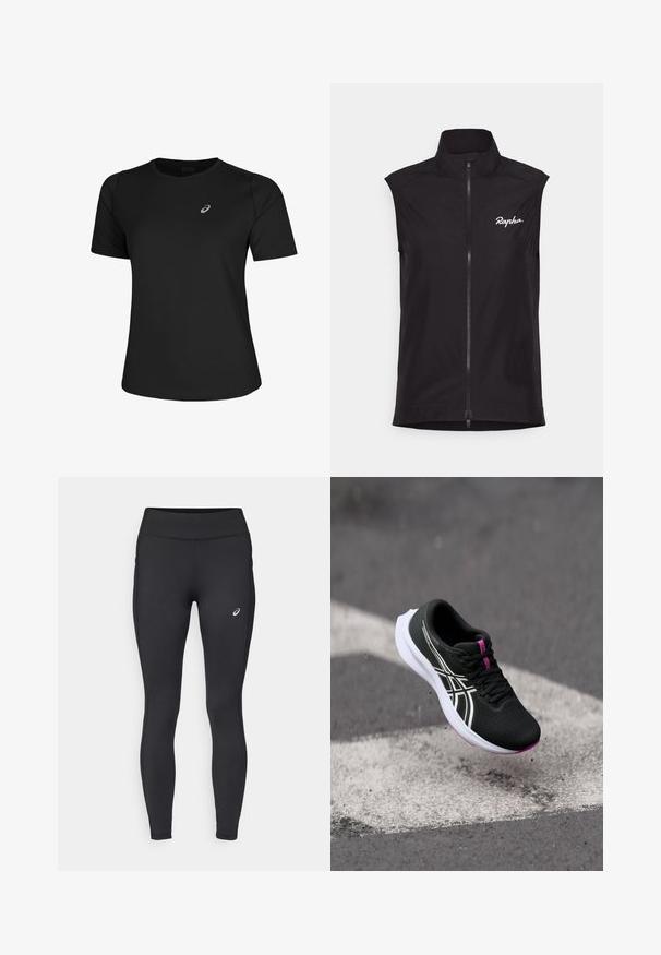 Sort ærmeløs cykelvest med høj krave, lynlås over hele længden og hvid "Rapha" logo. Lavet af letvægts, glat stof.; Sort atletisk T-shirt lavet af glat stof, med rund halsudskæring og korte ærmer. Indeholder et reflekterende logo på venstre front.; ASICS CORE WINTER - Vinter-tights - performance black; Sort sportsko med en struktureret overdel, hvid sål, pink accenter og kontrasterende hvide striber. Svævende over en grå overflade.