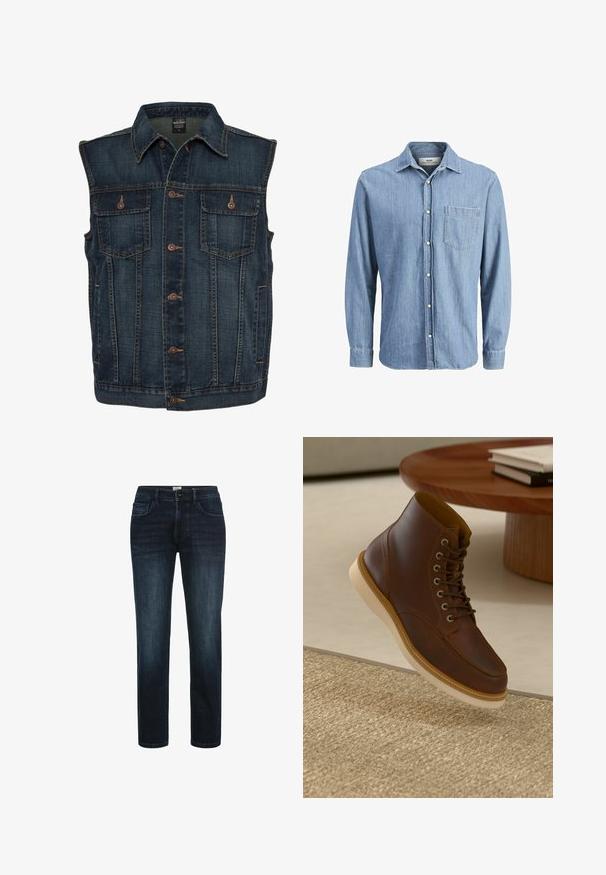 Mørkeblå ærmeløs denimvest med brune knapper foran og to brystlommer med knapper.; Lysblå denimskjorte med knap-ned krave, lange ærmer, enkelt brystlomme og broderet logo på lommen.; Mørk vaskede denimjeans med lige ben, der har fem lommer, knaplukning og subtil fading langs lårene.; Brune læderankelstøvle med beige sål på et struktureret beige tæppe ved siden af et rundt træbord med stakke af bøger.