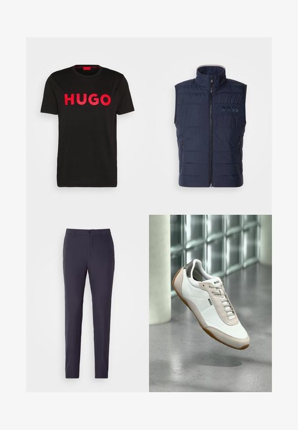 Marine blauwe puffer gilet met hoge kraag, frontale rits, horizontaal gestikte ontwerp en subtiele BOSS logo op de borst. Twee zijzakken.; Zwarte katoenen T-shirt met op de voorkant gedurfde rode "HUGO" tekst, korte mouwen, ronde hals en een relaxte pasvorm.; Navy broek met rechte snit, gemaakt van een soepel stof. Voorzien van een knoopsluiting, zijzakken en een vlakke voorkant.; Witte en beige BOSS sneaker met bruine zool die boven een gepolierde betonnen vloer zweeft tegen een glazen blokkenmuur op de achtergrond.