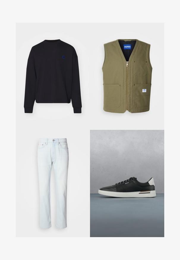Olivenfarvet ærmeløs vest med lynlås fortil, to store frontlommer og et lille mærke nederst til højre. Tekstureret stof med et rent design.; Sort sweatshirt lavet af bomuld, med rund halsudskæring og løs pasform. Den har et lille blåt broderet logo på brystet.; Lyseblå denimjeans med lige ben. Har en knaplukning og bæltestropper, viser en falmet tekstur og minimal syning.; Sort lædersneaker med hvid sål, har perforeringer, snørebåndsdesign, logo på siden og kontrasterende hældetalje i hvid og brun.