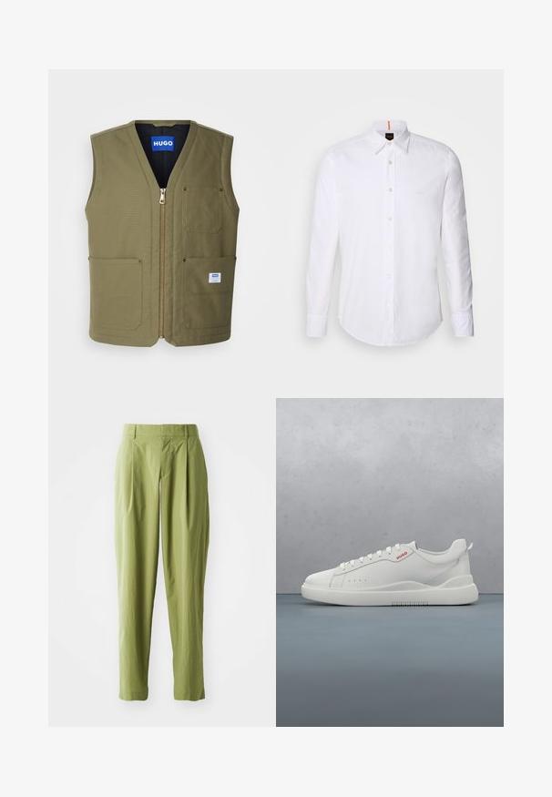 Olivgrünes ärmelloses Vest mit Reißverschluss vorne, zwei großen Vordertaschen und einem kleinen Etikett unten rechts. Strukturierter Stoff mit einem klaren Design.; Weiße langärmlige Button-Down-Hemd aus Baumwolle, mit klassischem Kragen, subtiler Logo-Detailierung auf der Brust und weißen Knöpfen.; Hellgrüne Hose aus einem strukturierten Stoff, mit geradem Schnitt, Falten an der Vorderseite und einem normalen Bund.; Weiße Sneaker aus glattem Leder, runde Spitze, vier Ösen, dezente Perforationen und ein rotes Logodetail an der Seite.