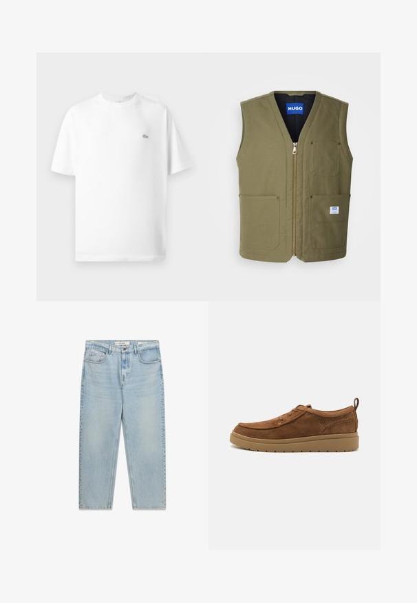 Olivenfarvet ærmeløs vest med lynlås fortil, to store frontlommer og et lille mærke nederst til højre. Tekstureret stof med et rent design.; Hvid bomulds t-shirt med rund hals og korte ærmer. Har et lille sort Lacoste-logo på venstre side af brystet.; Lyseblå jeans med afslappet pasform, frontknap og lynlås, fem-lomme-design og falmede vaskedetaljer.; Brune suede sneakers med en rund tå, minimal snøring, en polstret krave og en gummisål. Har en løkke ved hælen for nem påtagning.