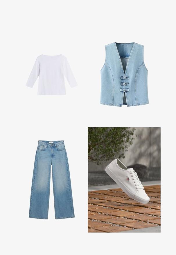 Lyseblå denim ærmeløs vest med V-hals og tre knyttede løftelukninger foran.; Hvid langærmet skjorte med bådudskæring, lavet af blødt stof, vist på en ensfarvet hvid baggrund.; Lyseblå vidde jeans med lommer foran, bæltestropper, knaplukning og synlige syninger.; Hvid lavtop sneakersko med snørebånd og logodetalje, svævende over en træflise og grus udendørs overflade.