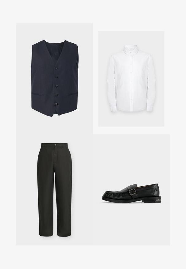 Gilet formel bleu marine avec cinq boutons sur le devant et deux poches frontales horizontales, sans manches avec col en V.; Chemise blanche à manches longues avec col pointu et poche poitrine, présentée sur un fond gris clair uni.; Pantalon noir droit avec fermeture par bouton et fermeture éclair et passants de ceinture sur un fond clair uni.; Mocassin en cuir noir avec une bride à boucle, détails cousus autour de la pointe, et un petit talon avec un accent métallique.
