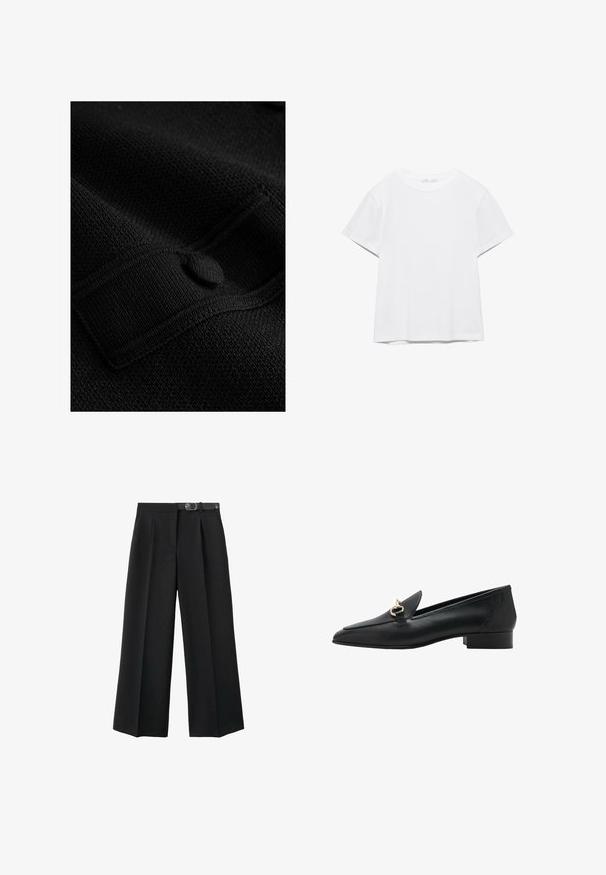 Sort struktureret stof med et vævet mønster, der har en knap og en placket-detalje, som viser en glat finish og holdbar konstruktion.; Hvid, kortærmet T-shirt med rund hals og lige kant, vist på en hvid baggrund.; Sorte brede bukser lavet af vævet stof, med en belagt talje, folder og en glat overflade.; Sorte læderloafers med spids tå, flad hæl og dekorativt guld hardware-detalje på overdelen. Glat tekstur og strømlinet design.