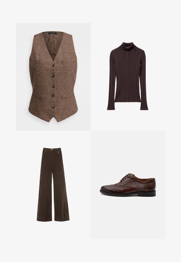 Brun houndstooth vest med V-hals, fem knapper og to frontlommer. Accentueret med orange linjer, foret med ensfarvet brun stof.; Mørkebrun ribbet turtleneck sweater med en tæt siddende krave og lange ærmer, der har en struktureret tekstil og lige kant.; Brune, vide corduroy bukser med høj talje, der har en gylden knap og en dekorativ ringdetalje. Textureret, blødt stof med lodrette striber.; Brun læder herre wingtip selskabssko med brogue-detaljer og ternede stofsider, vist fra siden på en hvid baggrund.