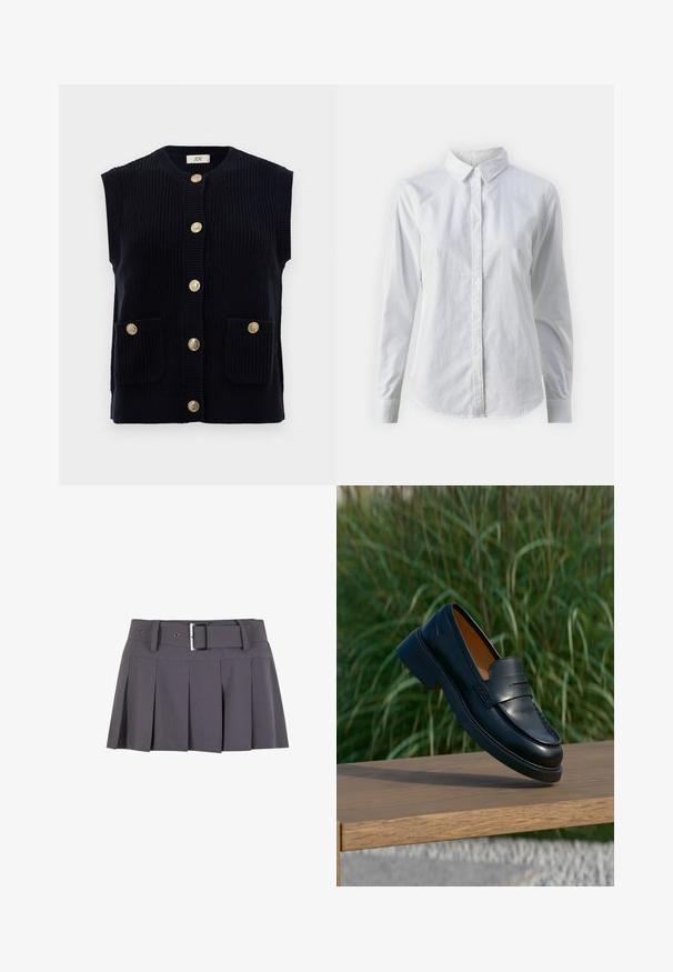Gilet en tricot marine avec un col rond, des manches courtes et six boutons dorés. Comprend deux poches avant.; Chemise blanche à manches longues en coton lisse, dotée d'un col classique et d'un ourlet arrondi. Les boutons sont petits et blancs.; Jupe mini plissée grise avec une texture lisse, dotée d'une large ceinture, de passants de ceinture et d'un détail de boucle rectangulaire en argent.; Mocassin en cuir noir flottant au-dessus d’un banc en bois avec une haute herbe verte en arrière-plan.