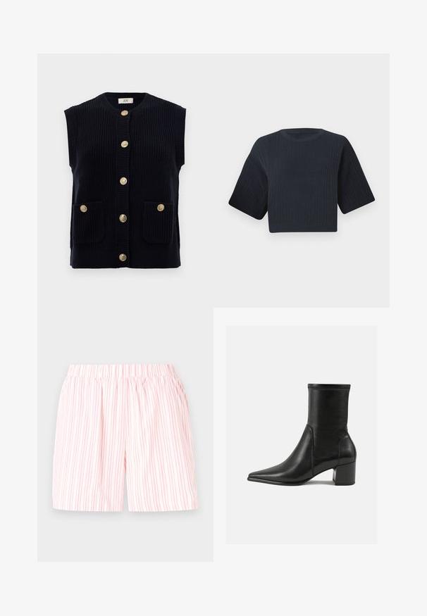 Gilet en tricot marine avec un col rond, des manches courtes et six boutons dorés. Comprend deux poches avant.; Pull en maille noir marine raccourci avec une texture côtelée, des manches courtes et larges, et un col rond. Design simple, sans motifs ni accents visibles.; Shorts en coton léger avec un motif rayé vertical rose et blanc, dotés d'une taille élastique pour le confort et la facilité d'enfilage.; Bottine noire en cuir lisse, avec un bout pointu, un talon carré et des coutures surélevées distinctes au bord supérieur.