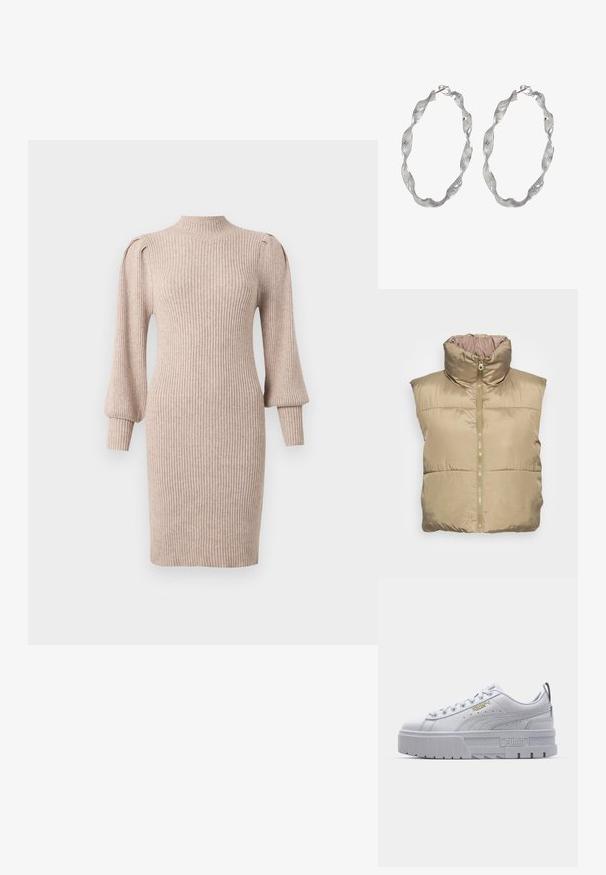 Gilet matelassé beige avec col haut, fermeture éclair, poches latérales et texture lisse. Design sans manches, matériau léger.; Robe pull beige en maille côtelée avec manches longues bouffantes et col montant, silhouette près du corps et poignets retroussés.; Baskets plateformes blanches avec une tige en cuir lisse, un col rembourré, une semelle en caoutchouc grise et des accents dorés arborant le logo Puma.; Boucles d'oreilles en argent en forme de créoles avec un design torsadé, présentant une surface texturée et un fermoir sécurisé. Légères et réfléchissantes avec une finition élégante.