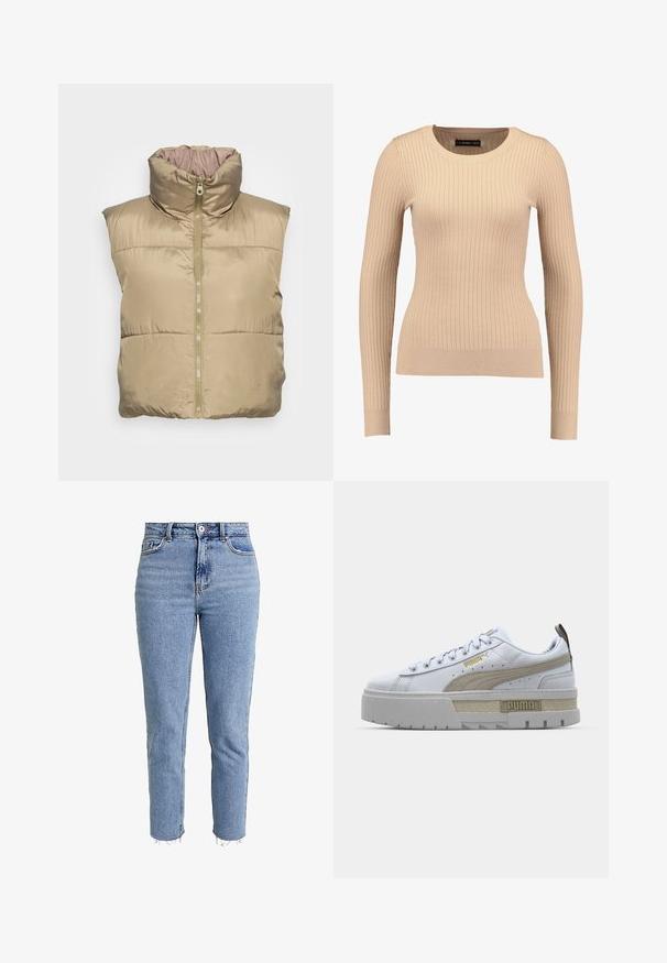 Chaleco acolchado beige con alto collar, cierre de cremallera, bolsillos laterales y textura suave. Diseño sin mangas, material ligero.; Suéter de manga larga de canalé en beige claro, hecho de una tela elástica. Cuenta con un escote redondo y una silueta ajustada con puños acanalados.; Jeans de tiro alto en azul claro, hechos de denim, con corte recto, dobladillo deshilachado y un diseño minimalista sin adornos.; Zapatilla blanca con una prominente franja beige, suela gris gruesa y detalles en dorado. Presenta cordones redondos y una lengüeta texturizada con el logo.