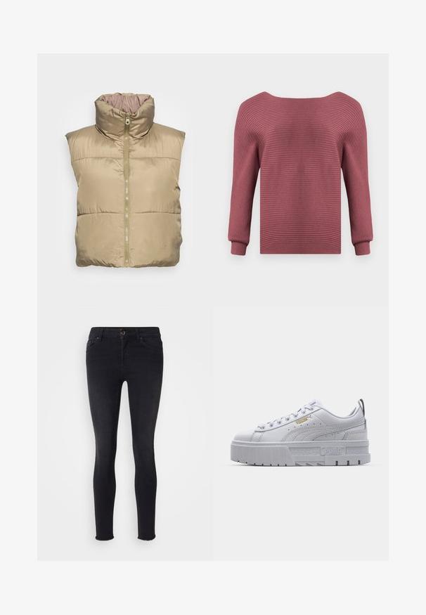 Gilet matelassé beige avec col haut, fermeture éclair, poches latérales et texture lisse. Design sans manches, matériau léger.; Pull en maille côtelée couleur rose doux avec manches longues, encolure bateau et poignets ajustés sur un fond clair uni.; Jean skinny noir en denim, avec une taille mi-haute, des poches avant et un ourlet brut au niveau des chevilles. Design classique à cinq poches.; Baskets plateformes blanches avec une tige en cuir lisse, un col rembourré, une semelle en caoutchouc grise et des accents dorés arborant le logo Puma.