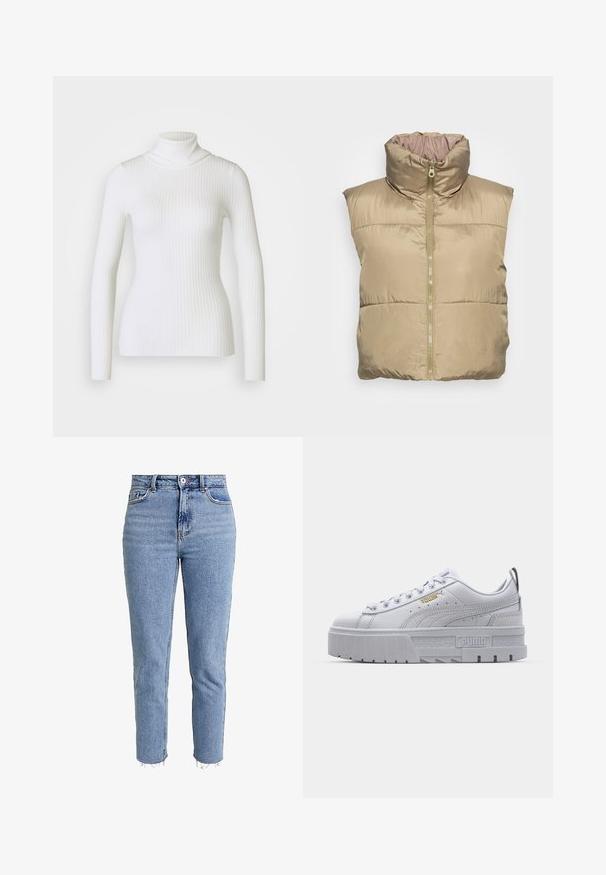 Chaleco acolchado beige con alto collar, cierre de cremallera, bolsillos laterales y textura suave. Diseño sin mangas, material ligero.; Suéter blanco de cuello alto con canalé y mangas largas, que presenta un diseño ajustado y una textura suave. Cuello plano y aspecto sin costuras.; Jeans de tiro alto en azul claro, hechos de denim, con corte recto, dobladillo deshilachado y un diseño minimalista sin adornos.; Zapatillas de plataforma blancas con parte superior de cuero suave, cuello acolchado, suela de goma gris y detalles dorados que presentan el logo de Puma.