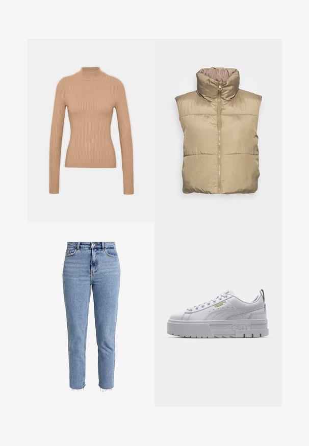 Gilet matelassé beige avec col haut, fermeture éclair, poches latérales et texture lisse. Design sans manches, matériau léger.; Pull à col roulé beige à côtes, avec des manches longues, un design cintré, une texture douce et un col haut.; Jean taille haute bleu clair en denim, avec une coupe droite, un ourlet effiloché et un design minimaliste sans ornements.; Baskets plateformes blanches avec une tige en cuir lisse, un col rembourré, une semelle en caoutchouc grise et des accents dorés arborant le logo Puma.