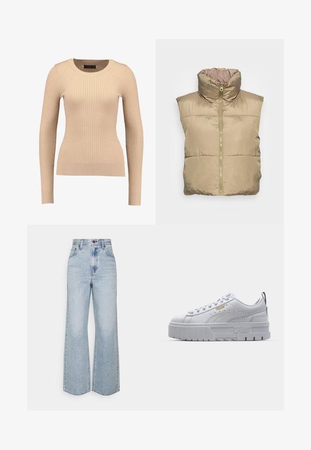 Beige polstret vest med høj krave, lynlås lukning, sidelommer og glat tekstur. Ærmeløs design, let materiale.; Ribbet langærmet sweater i lys beige, lavet af strækbart stof. Har en rund halsudskæring og tætsiddende silhuet med ribbede manchetter.; Lysblå denim brede ben jeans med høj talje, klassisk fem-lomme design og kontrasterende syninger. Uslebne kanter i bunden.; Hvide platform sneakers med en glat læderoverdel, polstret krave, grå gummisål og gyldne detaljer med Puma-logoet.