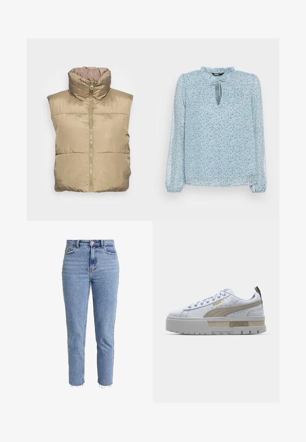 Gilet matelassé beige avec col haut, fermeture éclair, poches latérales et texture lisse. Design sans manches, matériau léger.; ONLY ONLDITSY BLOUSE - Blouse - dusty blue; Jean taille haute bleu clair en denim, avec une coupe droite, un ourlet effiloché et un design minimaliste sans ornements.; Baskets blanches avec une bande beige proéminente, une semelle épaisse grise et des accents dorés. Elles possèdent des lacets ronds et un rabat de langue texturé avec un logo.