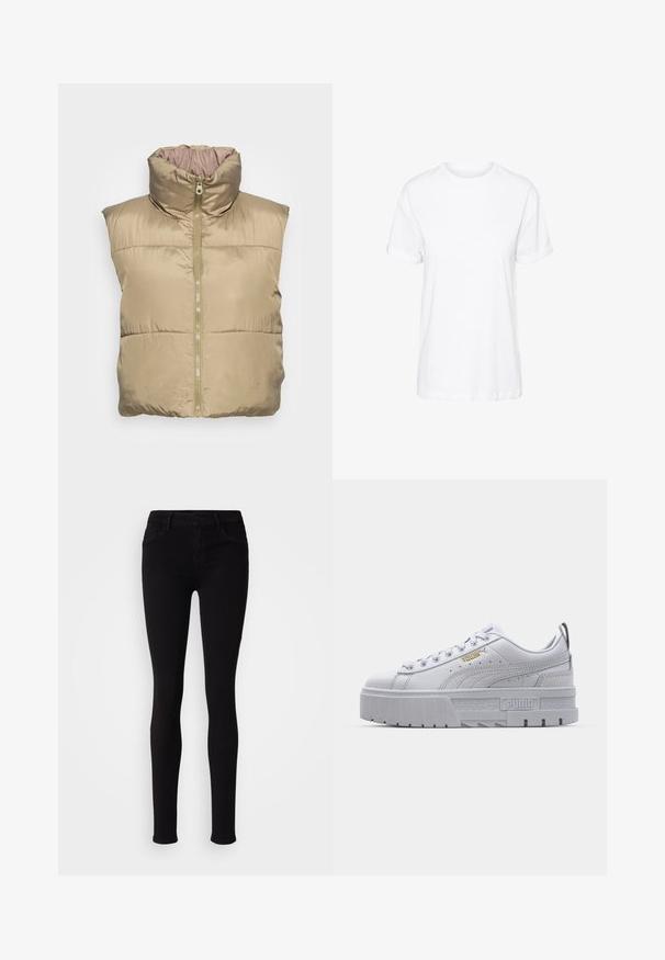 Beige gewatteerde vest met hoge kraag, ritssluiting, zijzakken en een gladde textuur. Mouwloos ontwerp, lichtgewicht materiaal.; Witte katoenen T-shirt met korte mouwen, een ronde hals en een relaxte pasvorm, met een gladde textuur en zonder zichtbare patronen.; Zwarte slim-fit broek met knoopsluiting, riemlussen en zijzakken, weergegeven tegen een effen lichte achtergrond.; Witte platform sneakers met een leren bovenwerk, gevoerde kraag, grijze rubberen zool en gouden accenten met het Puma-logo.