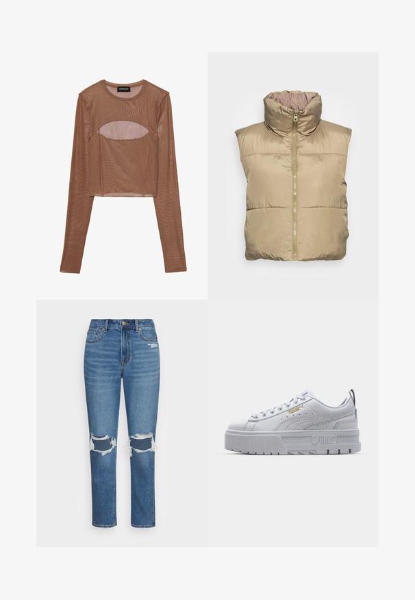 Beige steppelt mellény magas gallérral, cipzáras záródással, oldalsó zsebekkel és sima felülettel. Ujjatlan kialakítás, könnyű anyag.; Barna hálós, hosszú ujjú crop top, kerek nyakkivágással és kivágással a mellrészén. Könnyű anyag, áttetsző textúrával.; American Eagle MOM - Karcsúsított farmerek - cool classic; Fehér platform sportcipők sima bőr felsőrésszel, párnázott bokarésszel, szürke gumi talppal és arany díszítéssel, amelyen a Puma logo található.