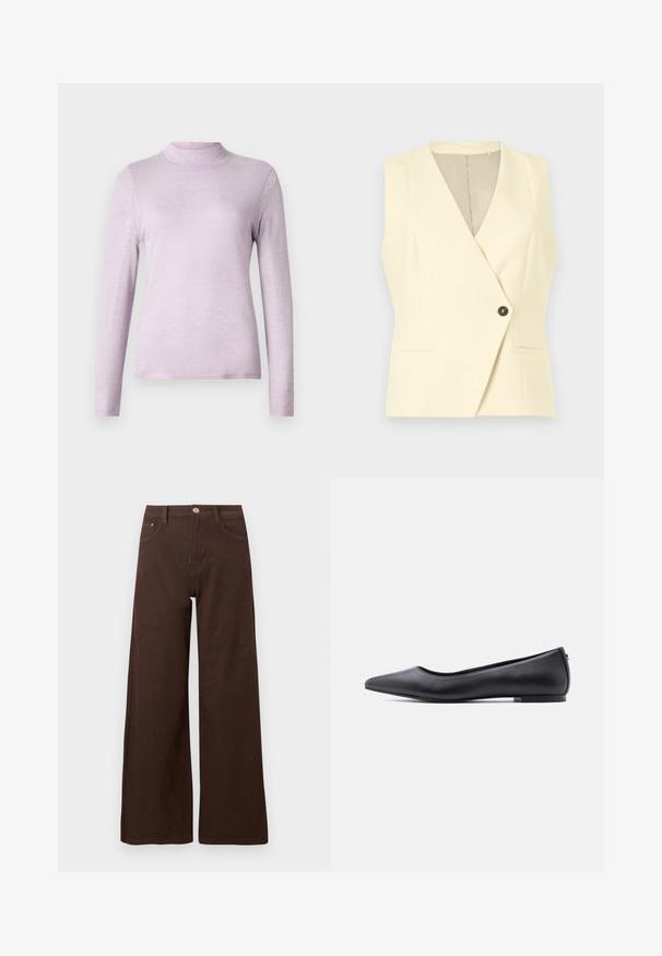 Gilet blazer sans manches de couleur crème avec un décolleté en V profond et une fermeture avant à simple bouton noir.; Haut à manches longues en tulle lavande clair avec col montant, fabriqué en tissu doux et texturé ; design ajusté avec un col haut et serré.; Pantalon large marron en coton durable, avec une ceinture à fermeture par bouton, des poches avant, et une texture lisse.; Chaussure plate en cuir noire à bout pointu avec petit talon, vue de profil sur fond blanc.