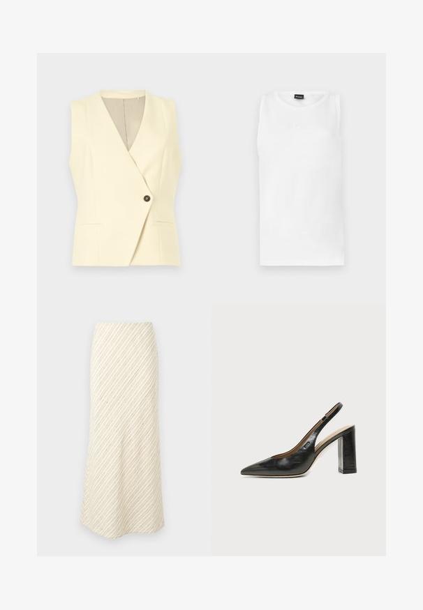 Gilet blazer sans manches de couleur crème avec un décolleté en V profond et une fermeture avant à simple bouton noir.; Débardeur blanc sans manches avec encolure ronde et petit logo embossé centré sous l'encolure.; Jupe midi couleur crème avec un motif à rayures diagonales marron. Dispose d'une taille ajustée et d'un tissu doux avec une texture lisse.; Chaussure slingback en cuir noir à bout pointu avec un talon bloc haut et une doublure intérieure beige sur un fond clair uni.