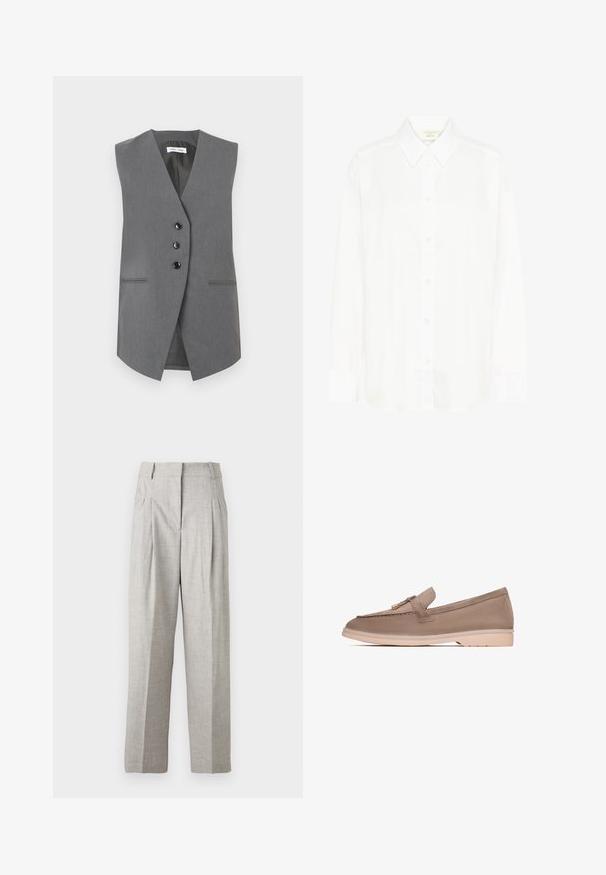 Veste grise sans manches en tissu texturé, avec un décolleté en V profond, trois boutons noirs et deux poches avant avec des coutures discrètes.; Chemise blanche à manches longues avec col classique et coupe régulière. Fabriquée en tissu lisse, avec huit boutons sur le devant.; Pantalon gris clair avec une finition texturée, présentant un design taille haute et deux plis à l'avant. Coupe droite sans poches visibles.; Mocassins en cuir brun avec une texture lisse, dotés d'une bande décorative et d'un matériel en or, reposant sur une semelle en caoutchouc beige clair.