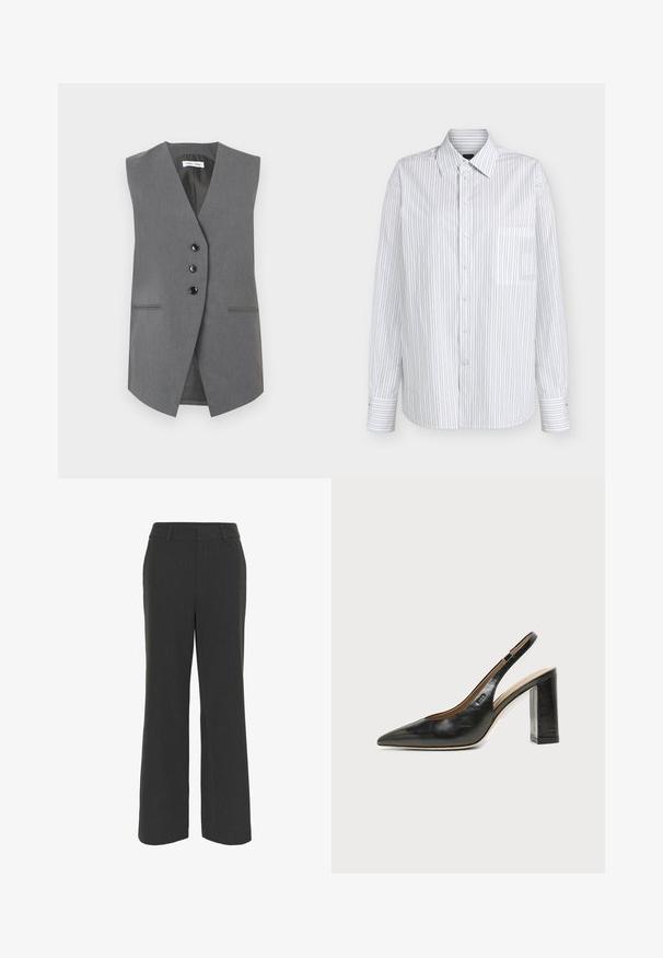 Chaleco sin mangas gris hecho de tela texturizada, con un escote en V profundo, tres botones negros y dos bolsillos frontales con costuras sutiles.; Camisa blanca de manga larga con botones, con finas rayas verticales negras y un bolsillo frontal en el pecho.; Pantalones de pierna ancha en gris oscuro con una tela texturizada, que cuentan con un frente plano, presillas para cinturón y un dobladillo limpio, adecuados para vestir formal o casual.; Zapato slingback de piel negra con puntera puntiaguda, tacón alto y ancho, y forro interior beige sobre un fondo claro y liso.