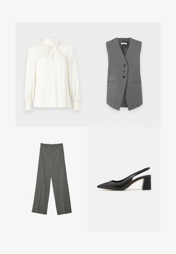 Veste grise sans manches en tissu texturé, avec un décolleté en V profond, trois boutons noirs et deux poches avant avec des coutures discrètes.; Blouse à manches longues et col haut en crème, fabriquée en tissu lisse. Présente un détail froncé au niveau du col et des manches bouffantes.; Pantalon gris à jambes larges avec passants de ceinture, bouton frontal et fermeture éclair dissimulée, présenté à plat sur fond blanc.; Escarpin slingback en cuir noir avec un bout pointu, un design découpé et un talon bloc épais. Texture lisse avec une esthétique minimaliste.