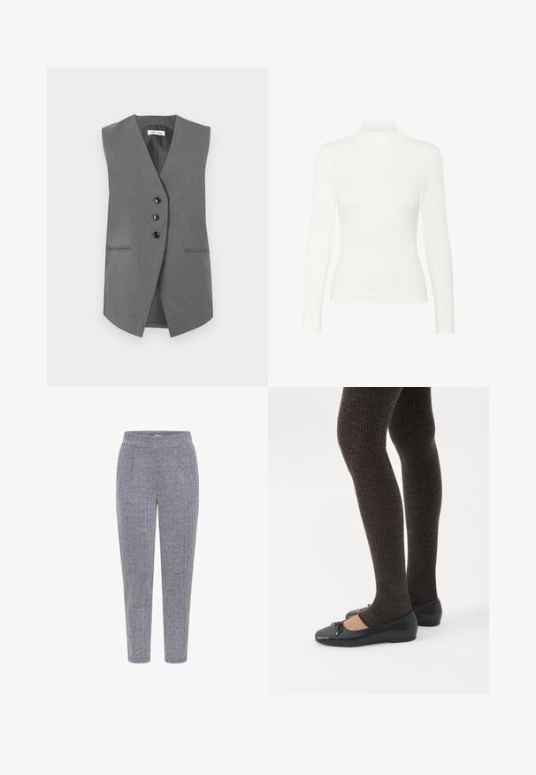 Grå ærmeløs vest lavet af struktureret stof, med dyb V-hals, tre sorte knapper og to foranlommer med diskret syning.; Hvid langærmet turtleneck bluse lavet af ribbet stof, med en tætsiddende pasform og glat tekstur, høj krave og ingen synlige detaljer.; Buks i houndstooth-mønster i navy og hvid, med et struktureret stof, elastisk talje og tapered ben-design.; Ben iført mørke ribbede leggings kombineret med sorte balletsko med små sløjfedetaljer på hvid baggrund.