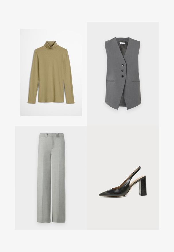 Grijs mouwloos vest van gestructureerde stof, met een diepe V-hals, drie zwarte knopen en twee voorzakken met subtiel stiksel.; Langarm turtleneck-top in licht olijfgroen, met een slim fit en een gladde, licht gestructureerde stof zonder versieringen.; Grijze broek met wijde pijpen van een lichtgewicht stof, met een platte voorkant, riemlussen en schone, getailleerde lijnen zonder zichtbare patronen.; Zwarte leren slingback schoen met spits toelopend neusje, hoge blokhak en beige binnenvoering tegen een effen lichte achtergrond.