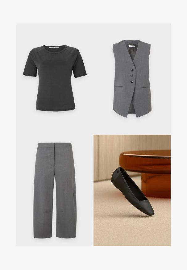 Veste grise sans manches en tissu texturé, avec un décolleté en V profond, trois boutons noirs et deux poches avant avec des coutures discrètes.; T-shirt noir chiné à manches courtes avec un col rond, fabriqué en tissu lisse, doté de manches raglan et d'un design minimaliste.; Pantalon gris ajusté avec une coupe droite et à jambes larges. Texture lisse, coutures minimales, sans poches visibles ni ornements.; Chaussure plate noire à bout pointu reposant sur un tapis beige près d'une table ronde de couleur ambre dans un décor minimaliste.
