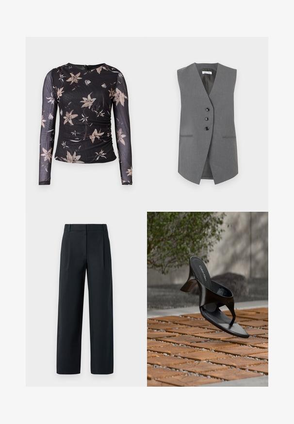 Grå ærmeløs vest lavet af struktureret stof, med dyb V-hals, tre sorte knapper og to foranlommer med diskret syning.; Sort langærmet top med blomsterprint i beige og creme. Har en samlet design og en lynlåslukning bagpå. Fremstillet af et gennemsigtigt, struktureret stof.; Sorte skræddertræksbukser med lige ben-design, der har frontfolder, en glat tekstur og bæltestropper. Ingen synlige lommer.; Sort Calvin Klein hæl-sandal med åben tå, der svæver over en udendørs flisebelagt overflade med grønne planter og en betonvæg i baggrunden.