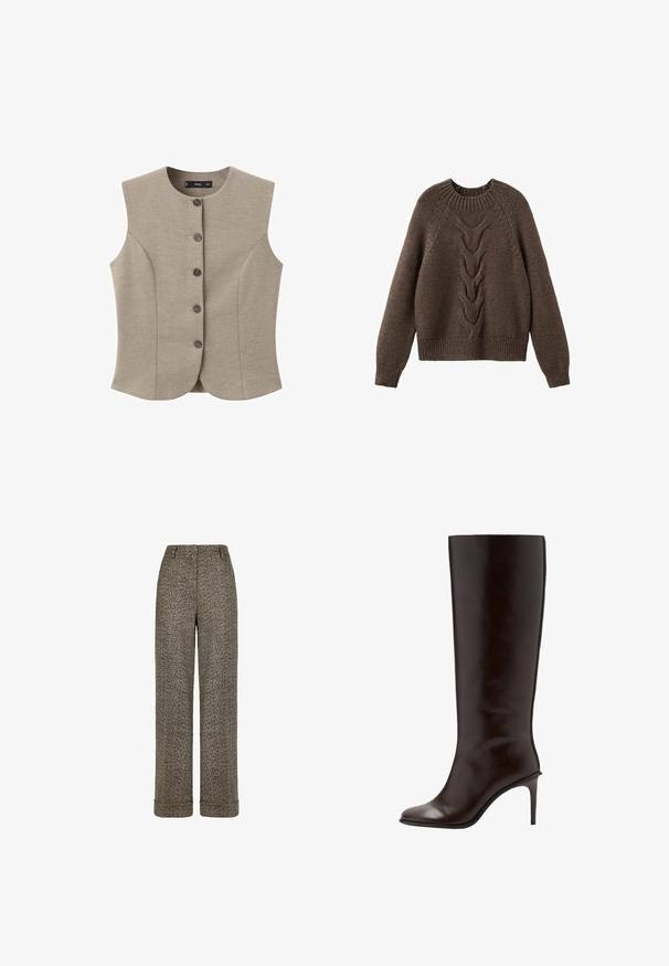 Beige Weste mit maßgeschneidertem Design, runder Ausschnitt, sechs vorderen Knöpfen und seitlichen Einsätzen. Hergestellt aus strukturiertem Stoff.; Brauner Strickpullover mit rundem Halsausschnitt, langen Ärmeln und einem Zopfmuster, das die Vorderseite hinunterläuft. Gerippter Saum und Bündchen.; Braune wollene Hosen mit Fischgrätenmuster, weitem Bein, umgeschlagenen Säumen und Knopfdetails am Bund.; Brauner kniehoher Lederstiefel mit schlankem Design, spitz zulaufender Zehenpartie und dünnem hohen Absatz. Glatte Textur mit minimalen Nahtdetails.