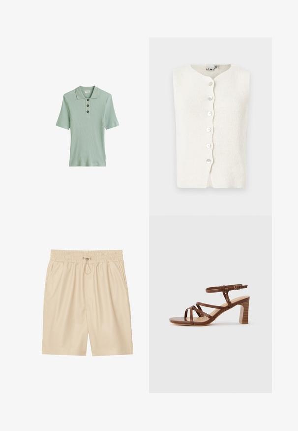 Hvid strikket vest med rund hals, der har fem knapper ned foran og en tekstureret overflade. Ingen ærmer eller synlige sømme.; Lys grøn ribbet polo shirt med korte ærmer, tre mørke knapper og et klassisk kravedesign. Fremstillet af blødt, tekstureret stof.; Beige faux læder shorts med elastisk talje og snøre. Har sidelommer og en afslappet pasform. Glat tekstur.; Brun læder-rem sandal med blokhæl og justerbar ankelspænde på en ensformig lys baggrund.