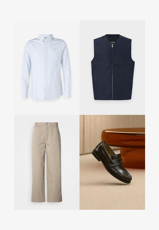 Marine vest met intrigerend geometrisch patroon, voorzien van een hoge kraag en een frontale rits. Gemaakt van een gestructureerde stof, lichtgewicht en mouwloos.; Lichtblauw lang sleevenshirt met een button-down kraag, geweven stof, frontale knoopsluiting en klein geborduurd logo op de borst.; Beige wijde broek van katoen; voorzien van voorzakken met klep, een knoopsluiting en zichtbare stiknaden langs de zoom.; Glanzende zwarte leren loafer met een banddetail, geplaatst op een beige tapijt naast een ronde bruine salontafel in een zacht verlichte kamer.
