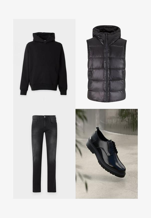Schwarze gepolsterte Weste mit Kapuze, Reißverschluss vorne und zwei Seitentaschen. Glattes, glänzendes Material mit einem gesteppten Design und ohne Ärmel.; Schwarzes Kapuzen-Sweatshirt mit Kängurutasche, langen Ärmeln und gerippten Bündchen sowie Saum, vor hellem Hintergrund präsentiert.; Schwarze Slim-Fit-Jeans mit Fünf-Taschen-Design und Knopfverschluss, mit subtiler Ausbleichung an den Oberschenkeln und Knien.; Schwarzer Lederschuh mit glänzender Oberfläche, runder Spitze, Schnürdesign, kontrastierenden Nähten und einer dicken Gummisohle mit Profilmuster.