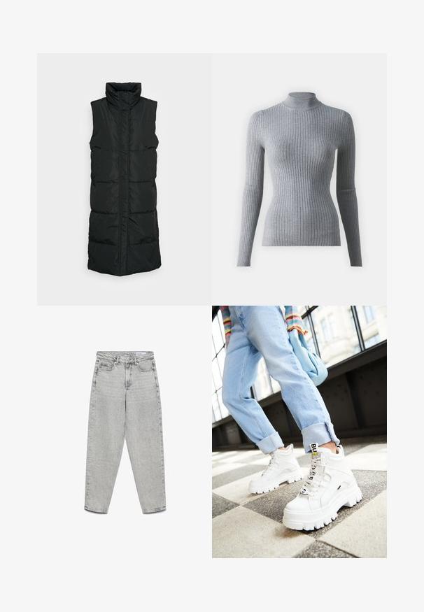 Sort ærmeløs pufvest med høj krave, der har et kviltet design, lynlås foran og to sidelommer. Glat, blankt stof.; Grå ribbet turtleneck sweater med lange ærmer, lavet af strikket stof. Har en tætsiddende design og en høj krave for ekstra varme.; Lysegrå højtaljede jeans med lige ben, forlommer, bæltestropper og lynlåslukning.; Hvide klodsede sneakers med tykke såler, snørebånd foran og mærkeflag. Båret med lyseblå jeans med opsmøg på et mønstret gulv.