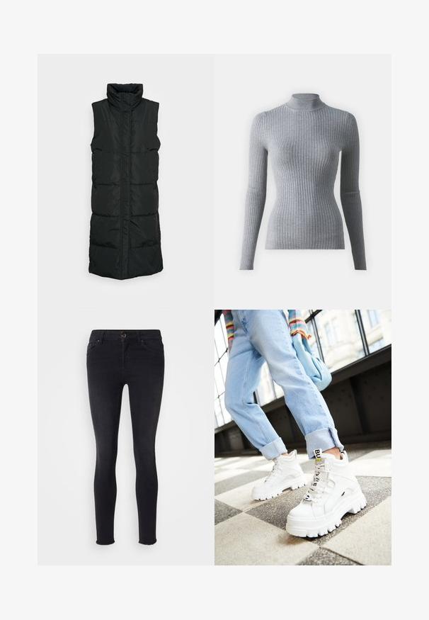 Sort ærmeløs pufvest med høj krave, der har et kviltet design, lynlås foran og to sidelommer. Glat, blankt stof.; Grå ribbet turtleneck sweater med lange ærmer, lavet af strikket stof. Har en tætsiddende design og en høj krave for ekstra varme.; Sorte skinny jeans i denim-materiale med en mellemhøj talje, frontlommer og en rå kant ved anklerne. Klassisk fem-lomme design.; Hvide klodsede sneakers med tykke såler, snørebånd foran og mærkeflag. Båret med lyseblå jeans med opsmøg på et mønstret gulv.