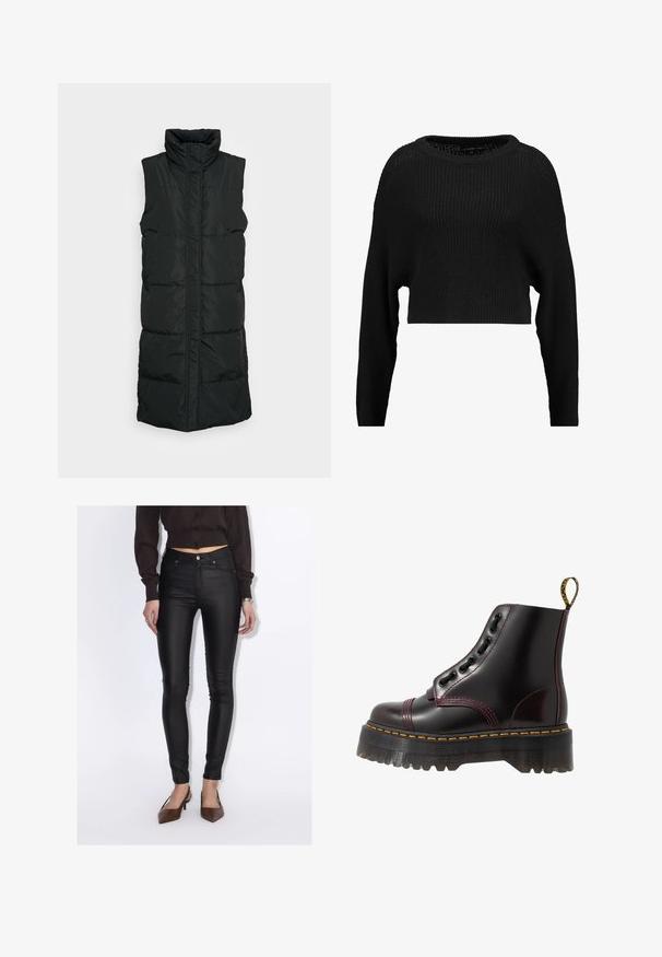 Zwarte mouwloze puffer vest met hoge kraag, voorzien van een gequilte design, ritssluiting aan de voorkant en twee zijzakken. Glad, glanzend materiaal.; Zwarte gekorte gebreide trui met een losse pasvorm, wijde halslijn en lange mouwen, met een getextureerd ribpatroon overal.; Vrouw draagt zwarte hoge taille skinny broek, een cropped donkerbruin overhemd met knopen en bruine puntige hakken.; Dr. Martens SINCLAIR - Enkellaarsjes met plateauzool - cherry red arcadia
