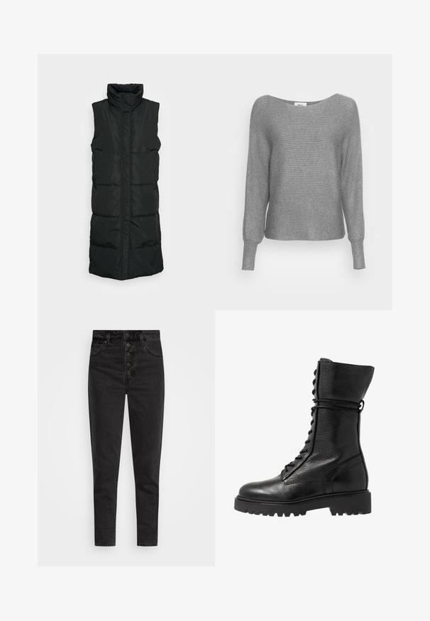 Sort ærmeløs pufvest med høj krave, der har et kviltet design, lynlås foran og to sidelommer. Glat, blankt stof.; Grå ribbet sweater med lange ærmer og en bred bådudskæring. Fremstillet af blødt strikmateriale med en struktureret overflade.; Højtaljede sorte denimjeans med knaplukning, fem lommer og slim fit. Glat tekstur med minimal falmet og uden udsmykninger.; Sorte læder kampstøvler med en struktureret overflade, knæhøjt design, snørebånd foran og en kraftig gummisål med rillemønster.