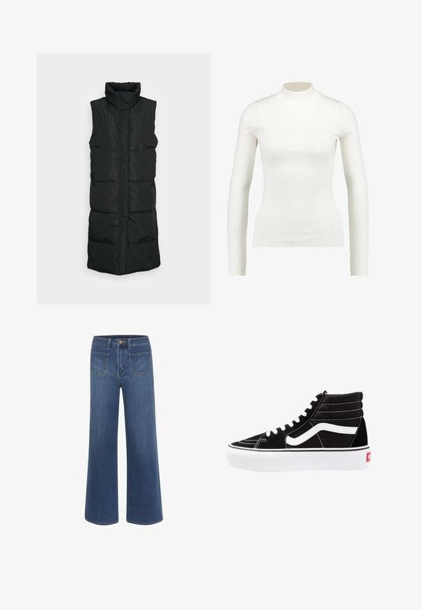 Veste sans manches noire en doudoune avec col haut, présentant un design matelassé, une fermeture éclair à l'avant et deux poches latérales. Tissu lisse et brillant.; Haut à col roulé long à manches longues en blanc côtelé, au design ajusté et à la texture lisse, avec un col haut et une silhouette élancée.; Jean à jambes larges en denim bleu foncé avec une texture lisse, doté d'une fermeture à boutons, de cinq poches et de coutures contrastantes.; Baskets montantes noires avec des lacets blancs, un logo blanc et des coutures blanches contrastées. Dotées d'une épaisse semelle blanche et d'un dessus en daim texturé.