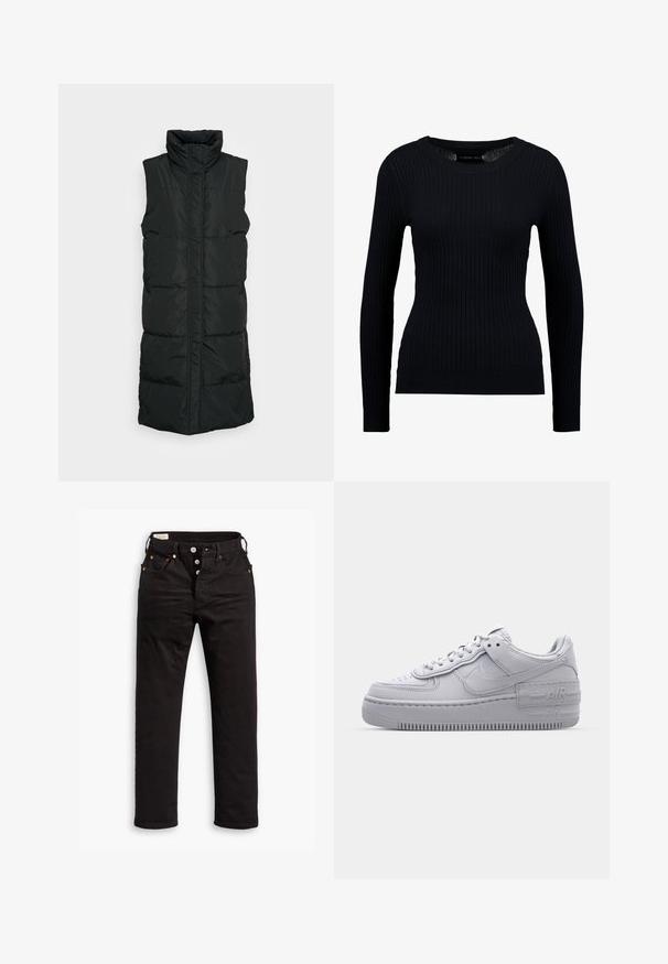 Veste sans manches noire en doudoune avec col haut, présentant un design matelassé, une fermeture éclair à l'avant et deux poches latérales. Tissu lisse et brillant.; Pull noir à manches longues côtelé avec un col rond et une silhouette ajustée. La texture est lisse avec un léger étirement partout.; Jean noir à jambe droite avec fermeture à boutons, poches avant et arrière, et détails en rivets cuivrés sur fond blanc.; Basket en cuir lisse gris Nike Air Force 1 avec un bout perforé, une semelle épaisse et un détail 'AIR' en relief sur le talon.