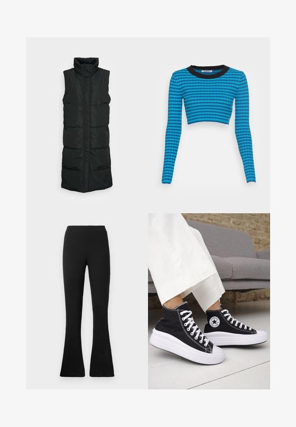Sort ærmeløs pufvest med høj krave, der har et kviltet design, lynlås foran og to sidelommer. Glat, blankt stof.; Blå og sort stribet cropped sweater med lange ærmer, der har en ribbet tekstur og en rund halsudskæring.; Sorte ribbede flared bukser med høj talje. Det bløde, elastiske materiale giver en tætsiddende silhuet og en flared bund for stil og komfort.; Sorte sneakers med højt skaft, hvide gummisåler og snørebånd. Har en rund logo-patch og kontrasterende hvide syninger. Fremstillet af lærredsmateriale.