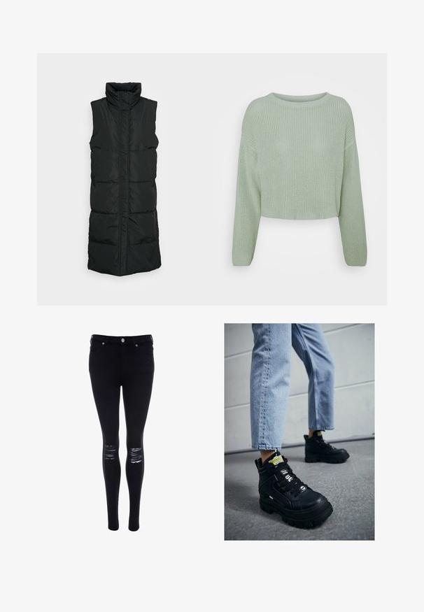 Chaleco acolchado sin mangas de color negro con cuello alto, que presenta un diseño acolchado, cierre frontal con cremallera y dos bolsillos laterales. Tejido suave y brillante.; Suéter de punto verde claro con mangas largas y cuello redondo, exhibido sobre un fondo blanco liso.; Jeans ajustados negros hechos de denim con una textura suave, con acentos rasgados en las rodillas y un diseño de corte slim, asegurados con un botón en la parte delantera.; Zapatillas altas negras con suela gruesa, con diseño de cordones, acentos de logo y etiquetas amarillas. Combinadas con unos vaqueros cortos de color azul claro.