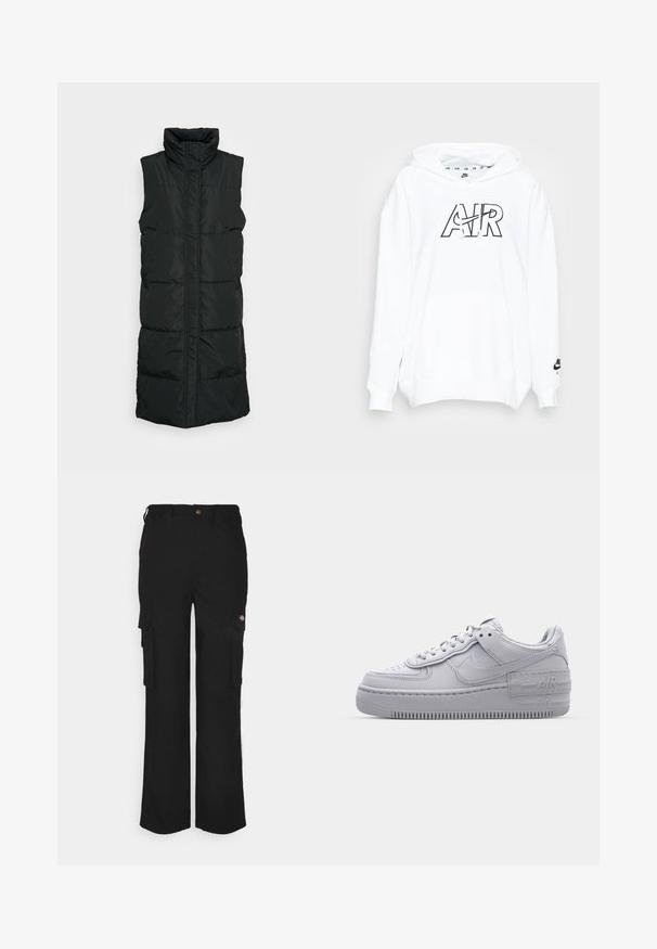 Chaleco acolchado sin mangas de color negro con cuello alto, que presenta un diseño acolchado, cierre frontal con cremallera y dos bolsillos laterales. Tejido suave y brillante.; Nike Sportswear AIR HOODIE - Sudadera - white/black; Pantalones cargo negros hechos de un tejido duradero, que cuentan con dos bolsillos laterales, un cierre de botón y un corte relajado con piernas rectas.; Zapatilla Nike Air Force 1 gris con puntera perforada, parte superior de cuero suave, suela gruesa y detalle en relieve 'AIR' en el talón.