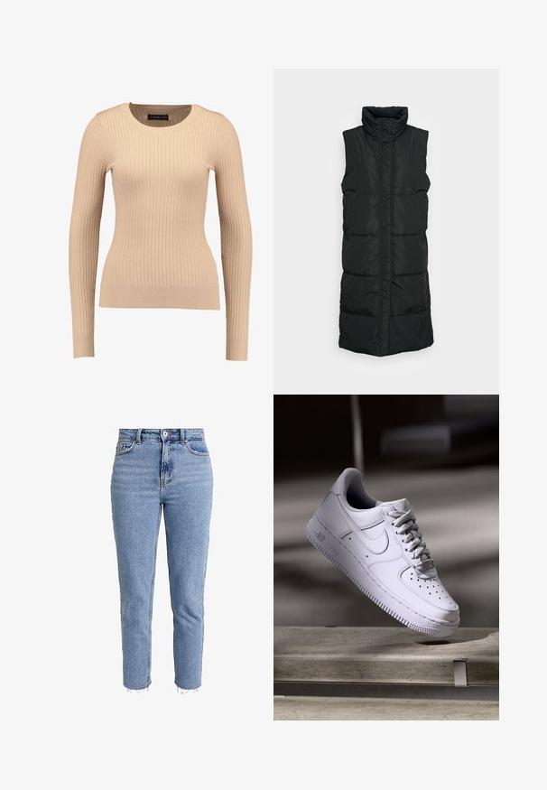 Veste sans manches noire en doudoune avec col haut, présentant un design matelassé, une fermeture éclair à l'avant et deux poches latérales. Tissu lisse et brillant.; Pull long à manches longues en beige clair, fabriqué dans un tissu extensible. Présente un col rond et une silhouette ajustée avec des poignets resserrés.; Jean taille haute bleu clair en denim, avec une coupe droite, un ourlet effiloché et un design minimaliste sans ornements.; Baskets Nike Air Force 1 blanches lévitant au-dessus d'une surface en béton avec des ombres dans un cadre minimaliste.