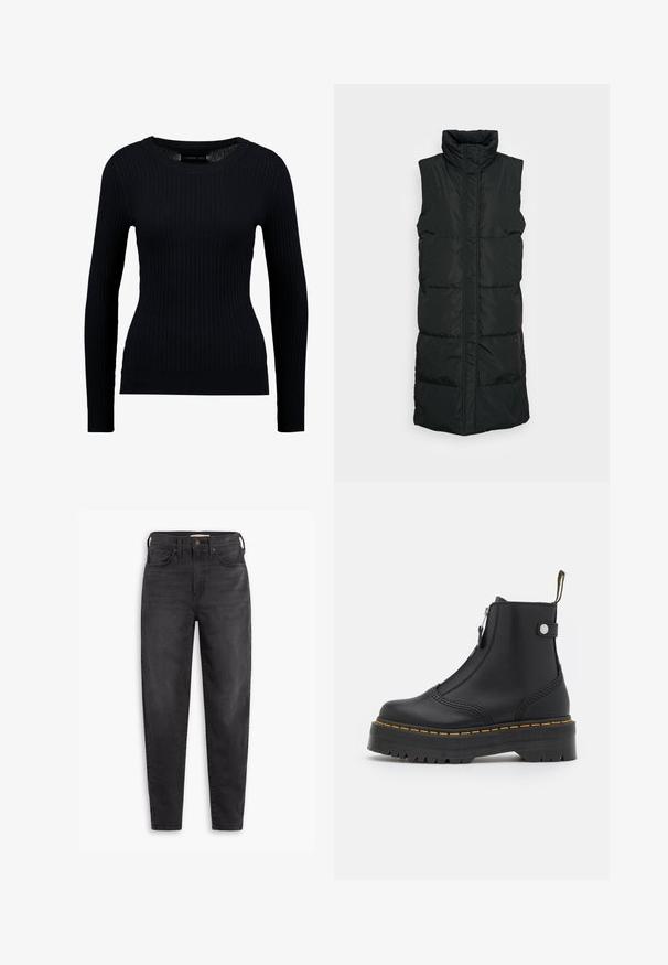 Sort ærmeløs pufvest med høj krave, der har et kviltet design, lynlås foran og to sidelommer. Glat, blankt stof.; Sort ribbet langærmet sweater med rund halsudskæring og tætsiddende silhuet. Teksturen er glat med en subtil strækbarhed.; Sorte højtaljede slim-fit jeans med for- og baglommer, knaplukning og bæltestropper, præsenteret på en hvid baggrund.; Sort ankelstøvle lavet af glat læder, med en lynlås i siden, gul syning og en tyk, rillet gummisål.