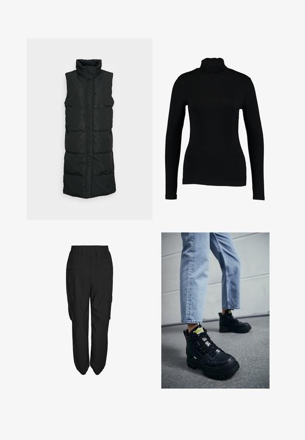 Zwarte mouwloze puffer vest met hoge kraag, voorzien van een gequilte design, ritssluiting aan de voorkant en twee zijzakken. Glad, glanzend materiaal.; Zwart lange mouw turtleneck top van gladde stof, met een aansluitend ontwerp en hoge hals, geschikt voor layering of als standalone kleding.; Zwarte cargo broek met een relaxte pasvorm, voorzien van een elastische tailleband, twee zijzakken en twee achterzakken. Lichtgewicht stof, gladde textuur.; Zwarte hoge sneakers met een chunky zool, voorzien van vetersluiting, logo-accenten en gele labels. Gdragend met lichtblauwe cropped jeans.