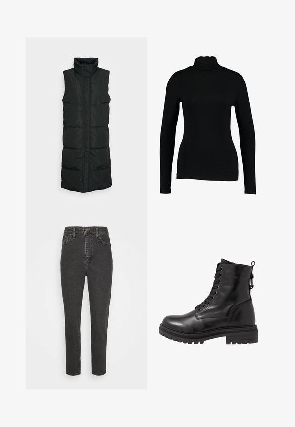 Zwarte mouwloze puffer vest met hoge kraag, voorzien van een gequilte design, ritssluiting aan de voorkant en twee zijzakken. Glad, glanzend materiaal.; Zwart lange mouw turtleneck top van gladde stof, met een aansluitend ontwerp en hoge hals, geschikt voor layering of als standalone kleding.; Zwarte denim jeans met hoge taille en een slim fit, voorzien van een knoopsluiting, riemlussen en een klassieke vijf-pocket ontwerp.; Zwarte leren enkelboot met ronde neus, vetersluiting aan de voorkant en een getextureerde rubberen zool. Hij heeft een lus aan de achterkant en versterkte stiksels.