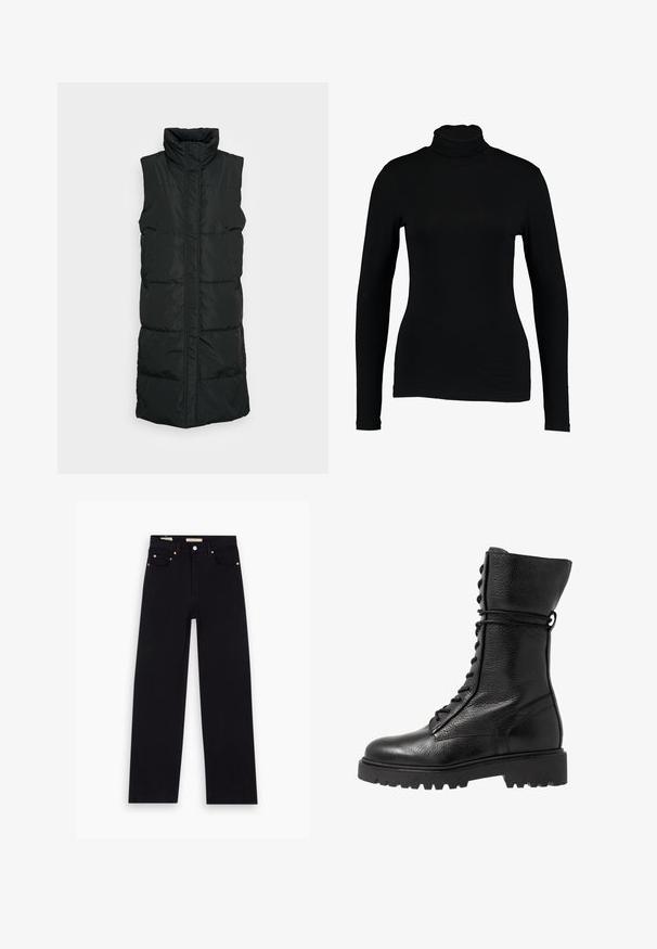 Sort ærmeløs pufvest med høj krave, der har et kviltet design, lynlås foran og to sidelommer. Glat, blankt stof.; Sort langærmet turtleneck top lavet af glat stof, med et tætsiddende design og høj hals, velegnet til lag-på-lag brug eller som en selvstændig beklædningsgenstand.; Sorte denim jeans med lige pasform, fem lommer, kobberdetaljer og en glat tekstur. To mærker synlige på taljebåndet.; Sorte læder kampstøvler med en struktureret overflade, knæhøjt design, snørebånd foran og en kraftig gummisål med rillemønster.