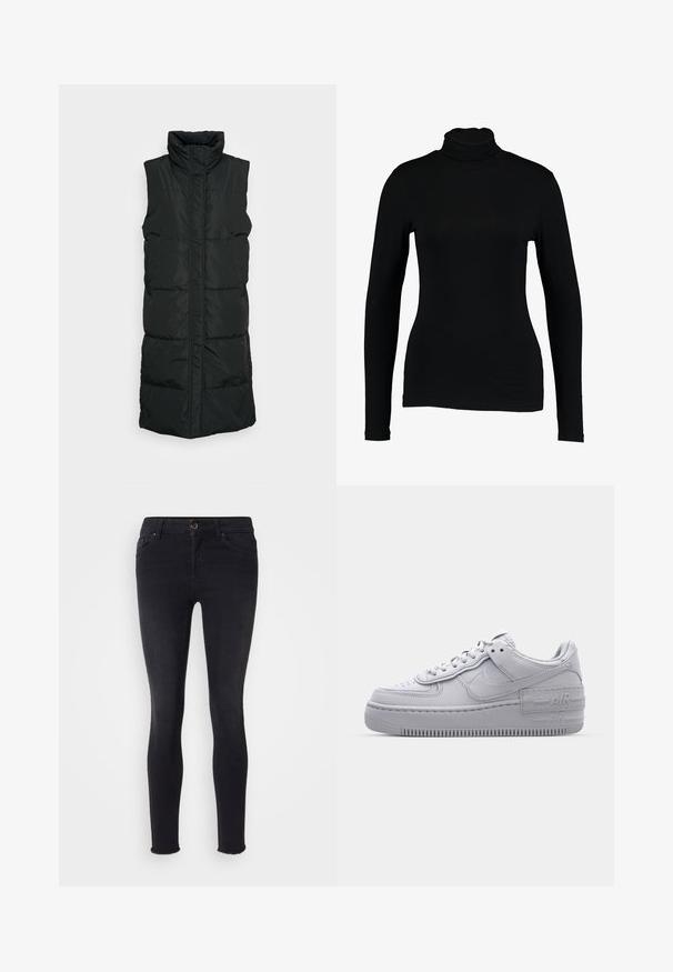 Schwarze ärmellose Steppweste mit hohem Kragen, ausgestattet mit einem gesteppten Design, Frontreißverschluss und zwei Seitentaschen. Glattes, glänzendes Material.; Schwarzes Langarm-Turtleneck-Top aus glattem Stoff, mit taillierter Passform und hohem Kragen, geeignet zum Layering oder als eigenständiges Kleidungsstück.; Schwarze Skinny-Jeans aus Denim-Material mit einer mittelhohen Taille, Fronttaschen und einem rohen Saum an den Knöcheln. Klassisches Fünf-Taschen-Design.; Graue Nike Air Force 1 Sneaker mit perforierter Zehenpartie, Obermaterial aus glattem Leder, dicker Sohle und geprägtem 'AIR'-Detail an der Ferse.