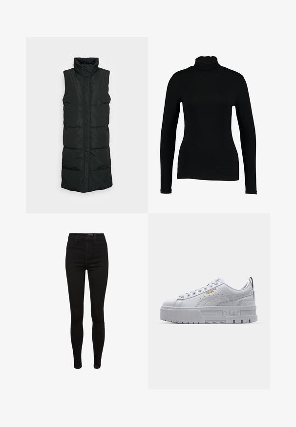 Zwarte mouwloze puffer vest met hoge kraag, voorzien van een gequilte design, ritssluiting aan de voorkant en twee zijzakken. Glad, glanzend materiaal.; Zwart lange mouw turtleneck top van gladde stof, met een aansluitend ontwerp en hoge hals, geschikt voor layering of als standalone kleding.; Zwarte denim skinny jeans met een hoge taille, vijf-pocket ontwerp, riemlussen en subtiele stikdetails. Glad textuur, figuurvormende pasvorm.; Witte platform sneakers met een leren bovenwerk, gevoerde kraag, grijze rubberen zool en gouden accenten met het Puma-logo.